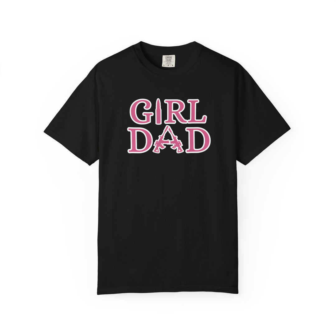 Black Girl Dad Tee with pink text, featuring a relaxed fit and durable construction, perfect for everyday wear. Made from soft, 100% ring-spun cotton.