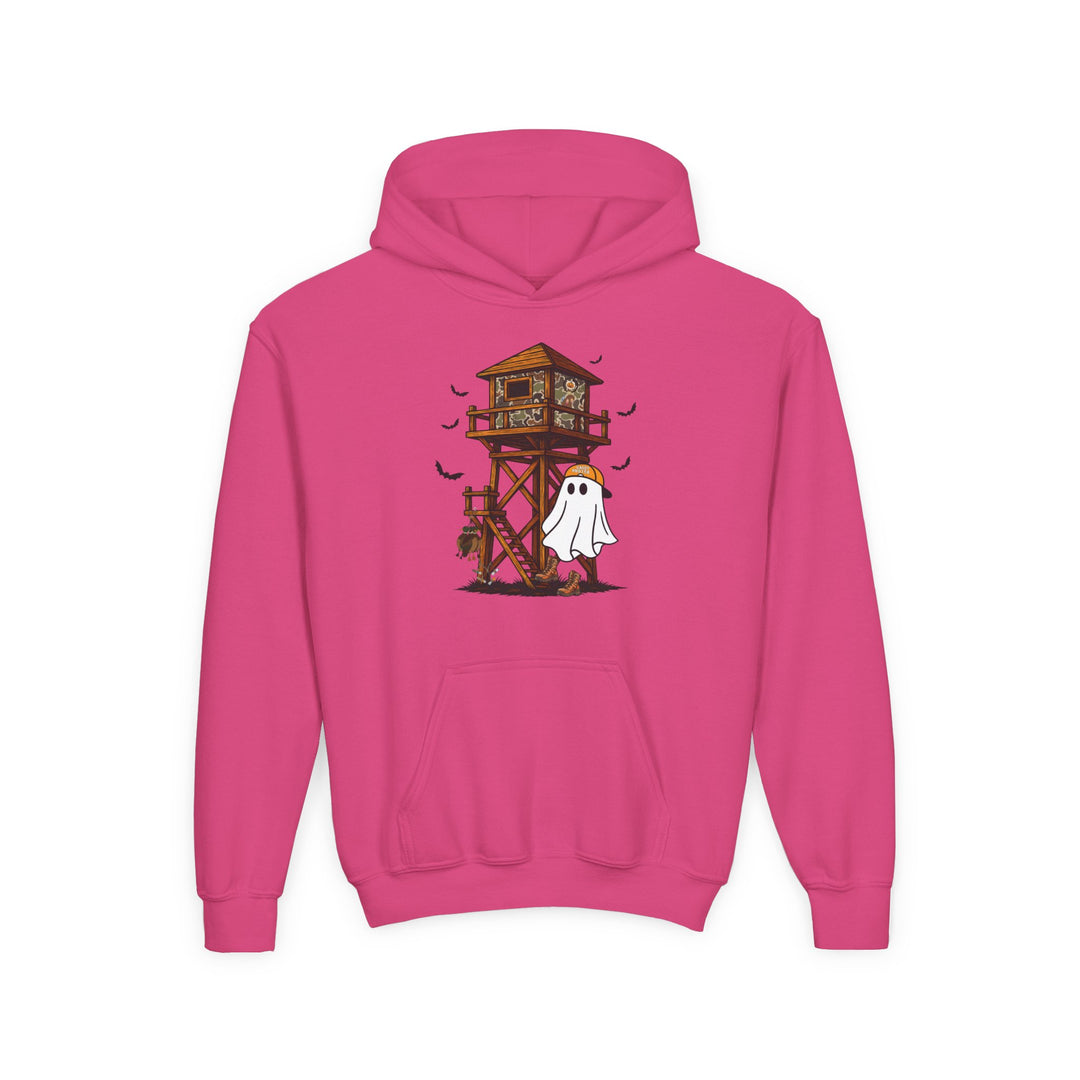 Ghost Hunter Youth Hoodie featuring a Halloween scene with a camo hunting tower, bats, and a ghost in an orange cap. Made of soft, preshrunk fleece.
