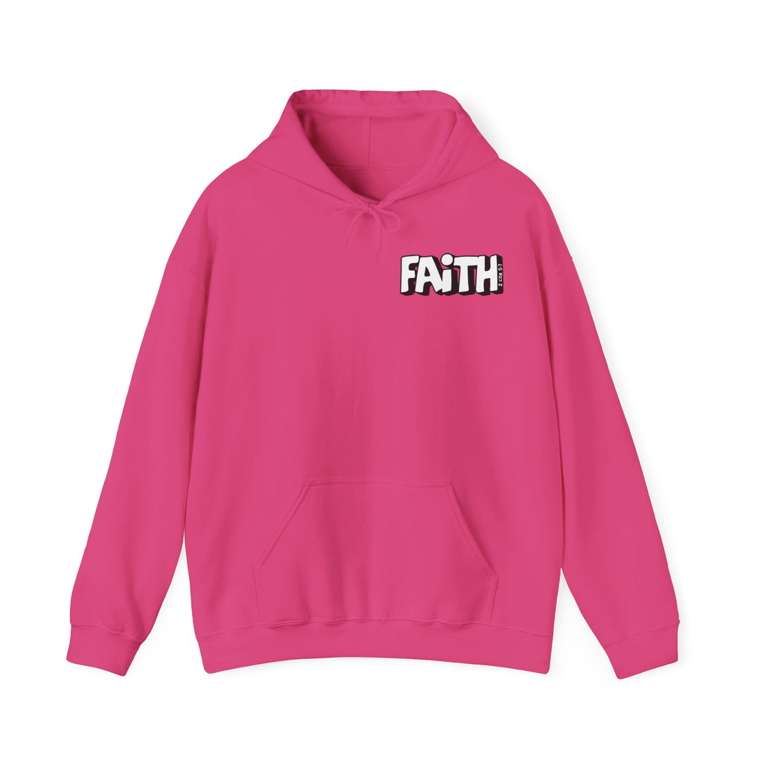 A pink hooded sweatshirt with Walk By Faith Not By Sight text. Unisex heavy blend of cotton and polyester. Kangaroo pocket, no side seams, tear-away label. Medium-heavy fabric, classic fit, true to size.
