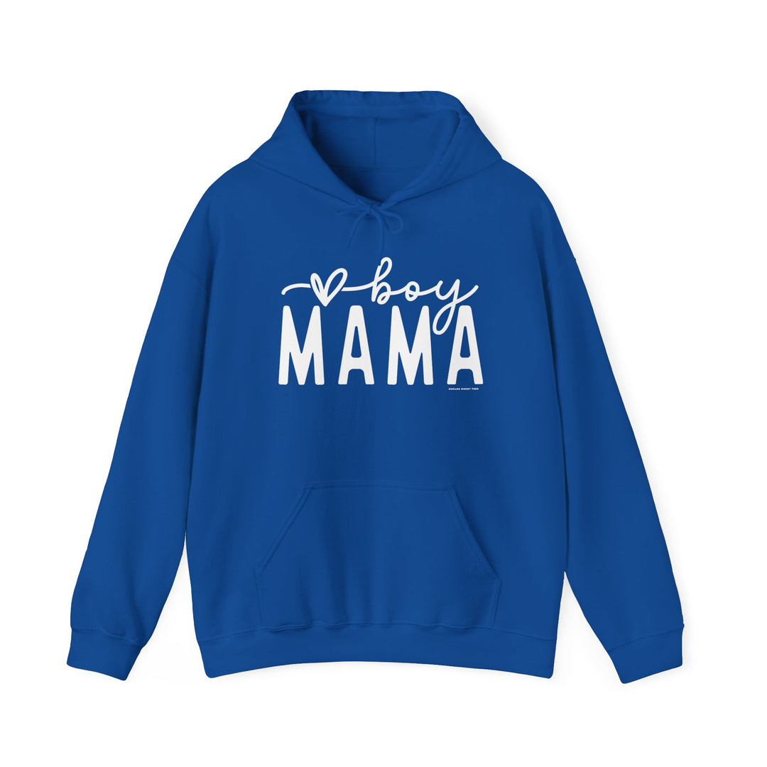 A blue unisex heavy blend hooded sweatshirt with white text, featuring a kangaroo pocket and drawstring hood. Made of 50% cotton and 50% polyester, plush and warm for cold days. Title: Boy Mama Hoodie.