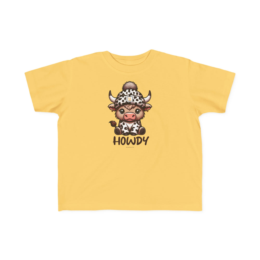A playful Howdy Toddler Tee featuring a cartoon cow in a hat. Soft 100% cotton, light fabric, tear-away label, and true-to-size fit. Ideal for sensitive skin. Sizes: 2T, 3T, 4T, 5-6T.