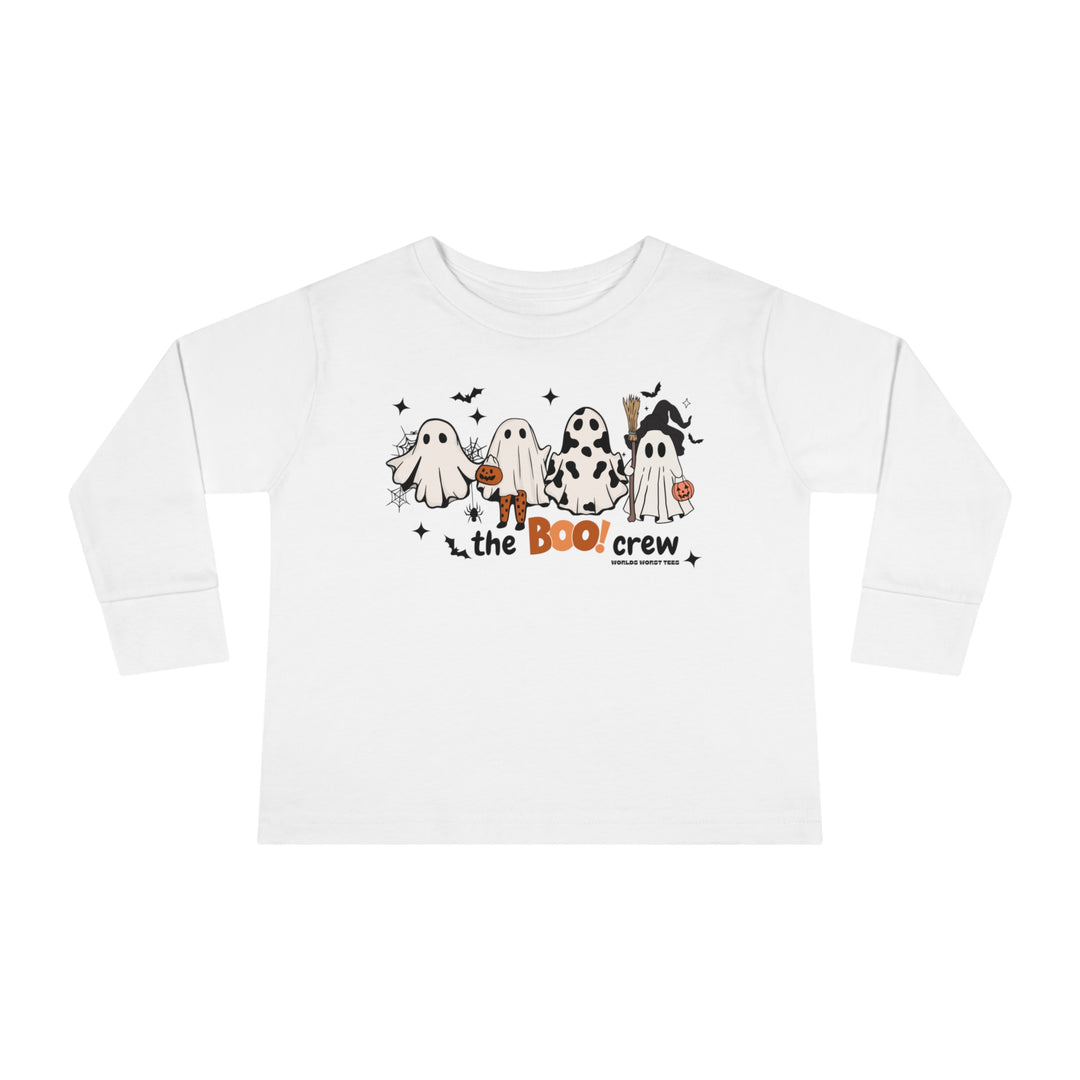A white toddler long-sleeve tee featuring cartoon ghosts and bats, designed for durability and comfort with ribbed collar and EasyTear™ label. From Worlds Worst Tees.