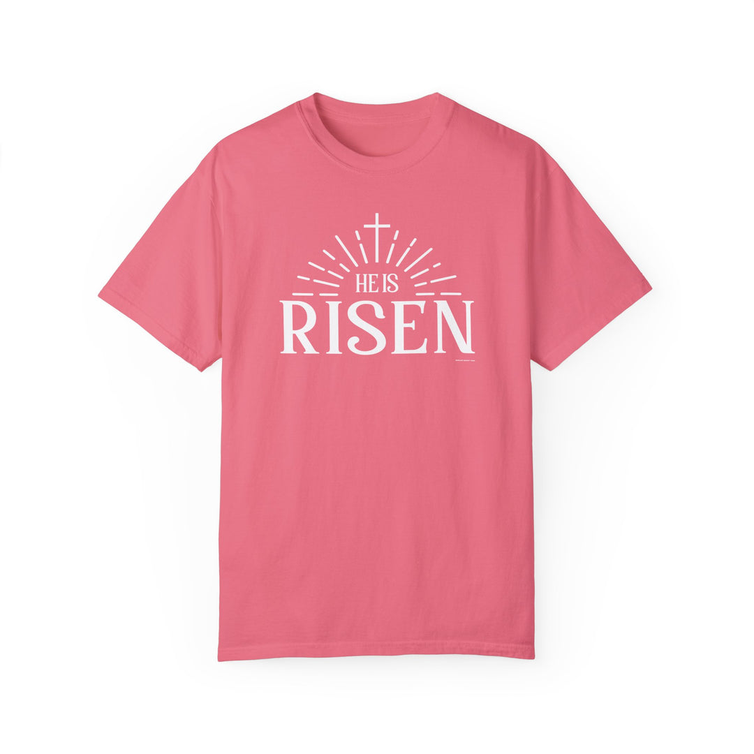 Relaxed fit He is Risen Tee, garment-dyed for coziness. 100% ring-spun cotton, double-needle stitching, no side-seams for durability and shape retention. Ideal daily wear from Worlds Worst Tees.