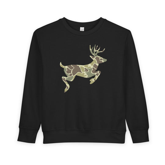 Camo Deer Toddler Crew: Black sweatshirt with a green-tan camo patterned deer graphic, offering warmth and style, in a soft cotton-polyester blend.
