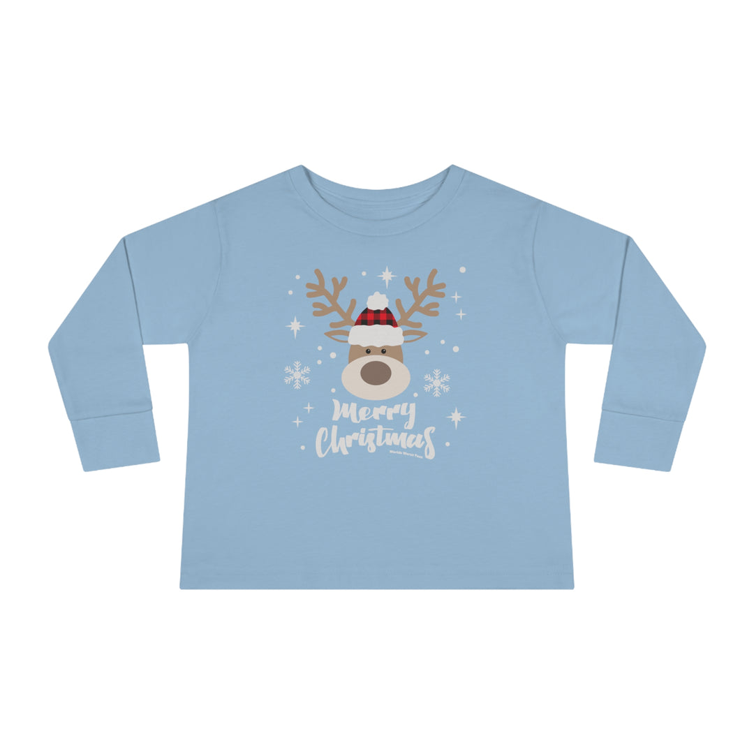 A custom Boy Christmas Deer Toddler Long Sleeve Tee featuring a blue shirt with a deer wearing a hat and snowflakes. Made of 100% combed ringspun cotton, with a ribbed collar and EasyTear™ label for comfort and durability.