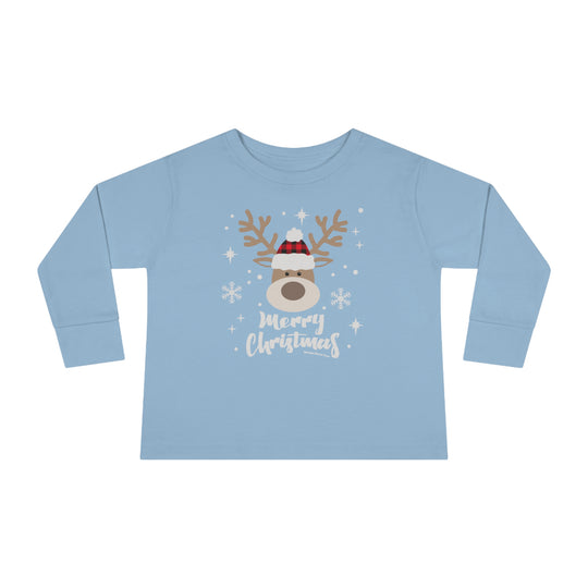 A custom Boy Christmas Deer Toddler Long Sleeve Tee featuring a blue shirt with a deer wearing a hat and snowflakes. Made of 100% combed ringspun cotton, with a ribbed collar and EasyTear™ label for comfort and durability.