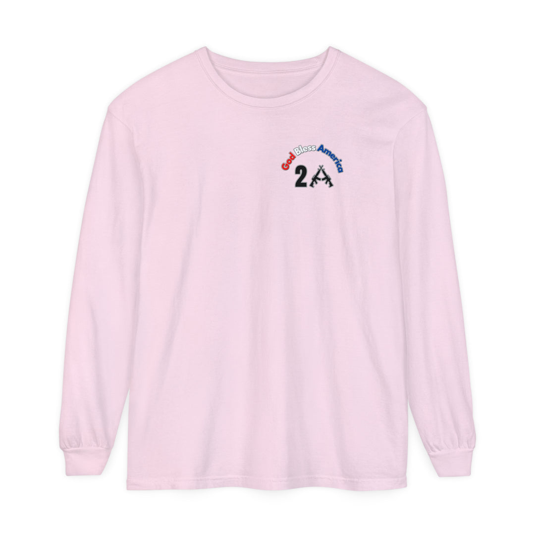 A long-sleeve tee featuring the title God Bless America 2A in a relaxed fit, made of 100% ring-spun cotton with garment-dyed fabric. Classic fit for comfort in casual settings.