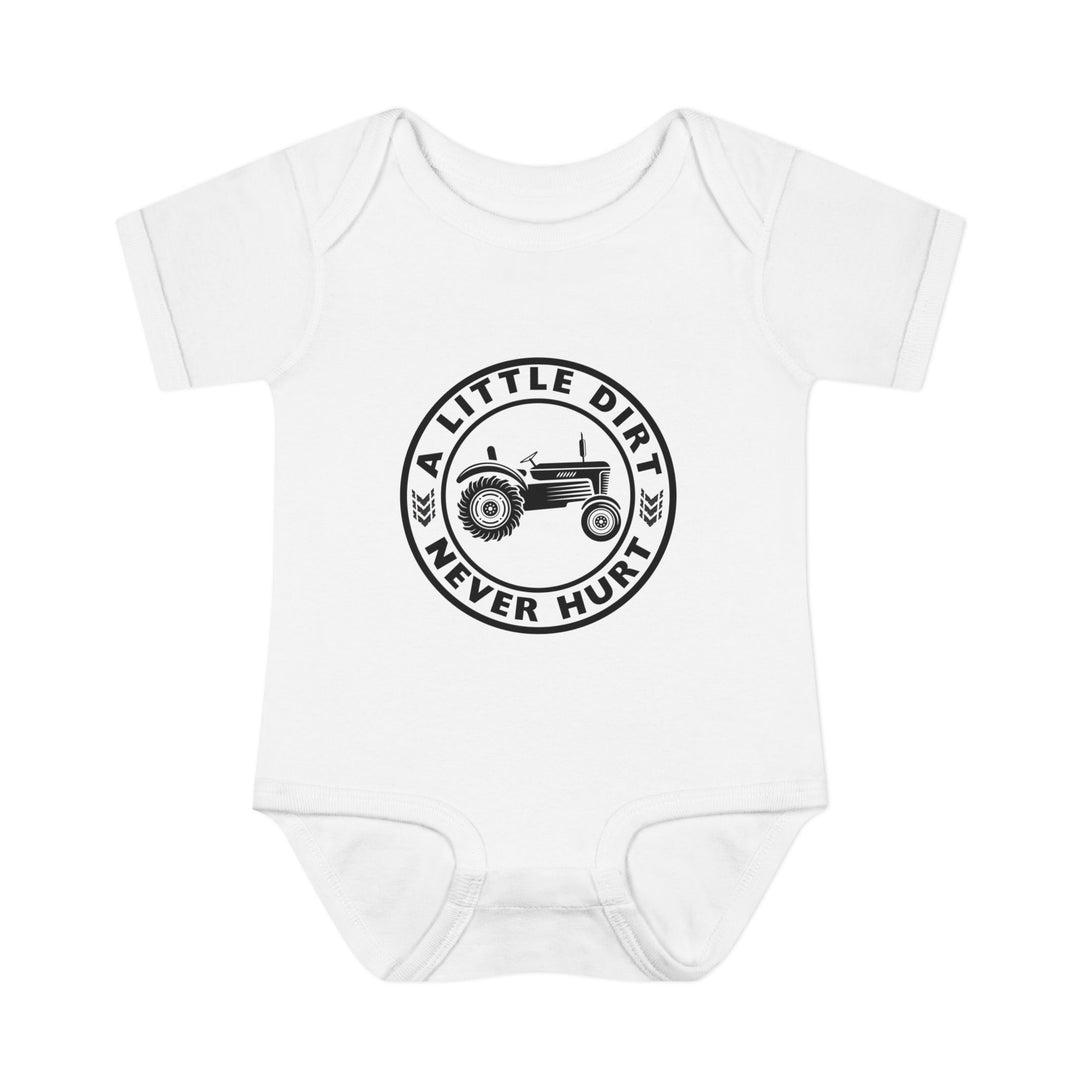 White baby onesie featuring a black-and-white tractor graphic with the slogan “A LITTLE DIRT NEVER HURT,” emphasizing comfort with soft, 100% ring-spun cotton material.