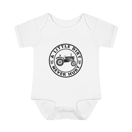 White baby onesie featuring a black-and-white tractor graphic with the slogan “A LITTLE DIRT NEVER HURT,” emphasizing comfort with soft, 100% ring-spun cotton material.