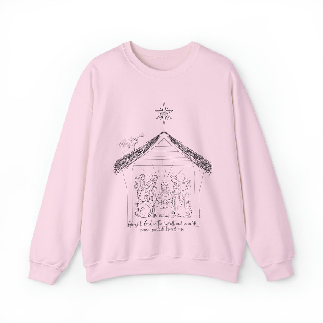 Unisex Glory to God Crew sweatshirt with nativity scene drawing, manger, and angel playing trumpet. Polyester-cotton blend, ribbed knit collar, loose fit. Sizes S-5XL. Sewn-in label. From Worlds Worst Tees.