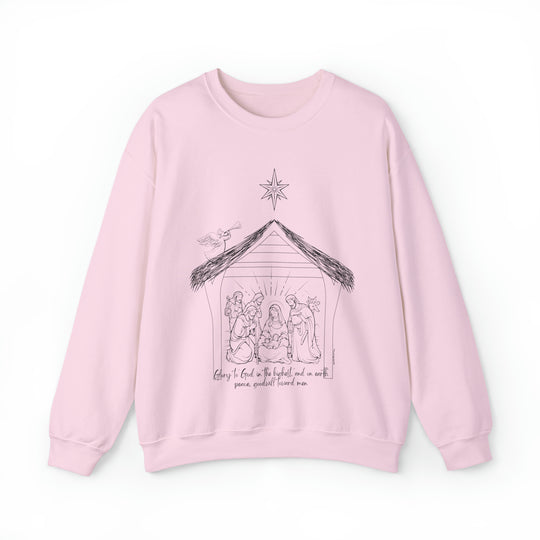 Unisex Glory to God Crew sweatshirt with nativity scene drawing, manger, and angel playing trumpet. Polyester-cotton blend, ribbed knit collar, loose fit. Sizes S-5XL. Sewn-in label. From Worlds Worst Tees.