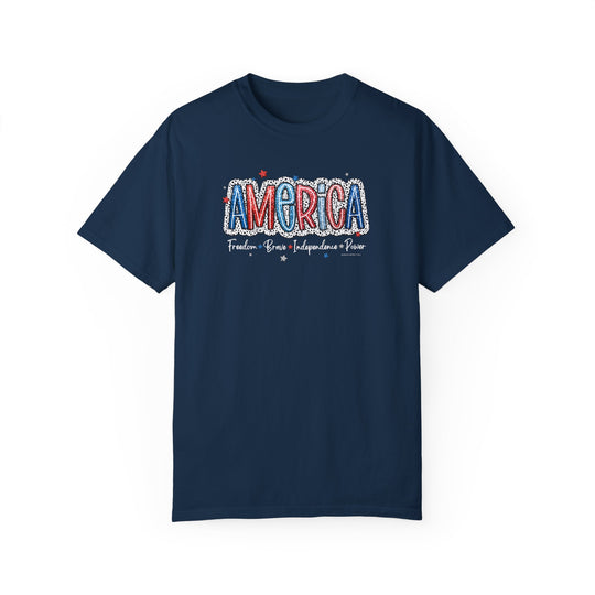 America Tee: Garment-dyed ring-spun cotton t-shirt with a relaxed fit, double-needle stitching, and seamless design. Medium weight for everyday comfort. From Worlds Worst Tees.