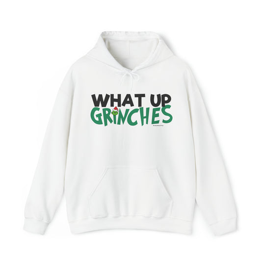 Unisex heavy blend hooded sweatshirt with What up Grinches design. Cotton-polyester fabric, kangaroo pocket, drawstring hood. Classic fit, tear-away label, medium-heavy fabric. Ideal for printing. From Worlds Worst Tees.
