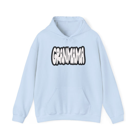 Granmama Hoodie: Light blue sweatshirt with white and black text. Unisex heavy blend for ultimate comfort. Kangaroo pocket, drawstring hood, 50% cotton, 50% polyester, 8.0 oz/yd² fabric, tear-away label.