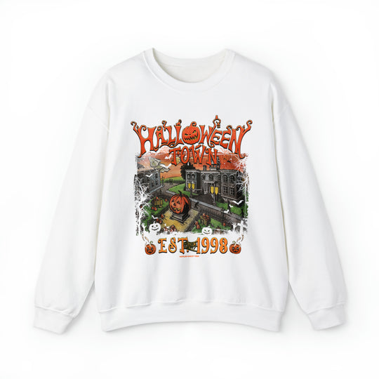 A unisex Halloweentown Crew sweatshirt, featuring a graphic design of a Halloween town. Made of 50% cotton and 50% polyester, with a ribbed knit collar and no itchy side seams. Medium-heavy fabric, loose fit, and sewn-in label.