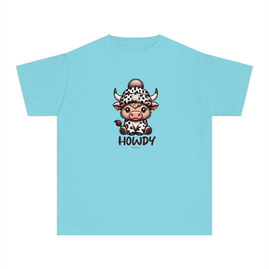 A blue kid's tee featuring a cartoon cow in a hat. Made of 100% combed ringspun cotton for comfort and agility. Perfect for active kids. Classic fit, soft-washed, and garment-dyed.