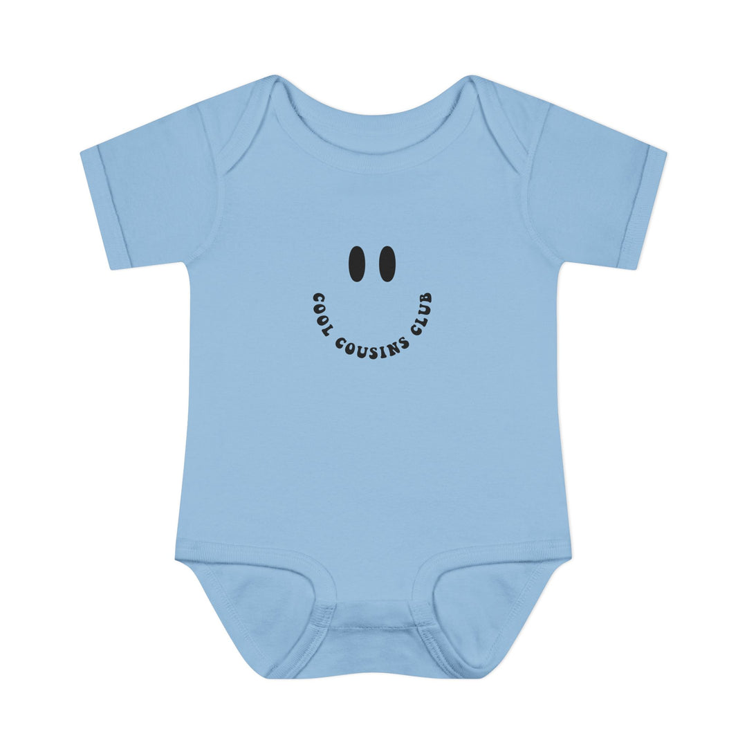 Cool Cousins Club Onesie, a soft, infant unisex bodysuit with lap shoulders, made from 100% combed ring-spun cotton, ideal for comfort and easy wear.