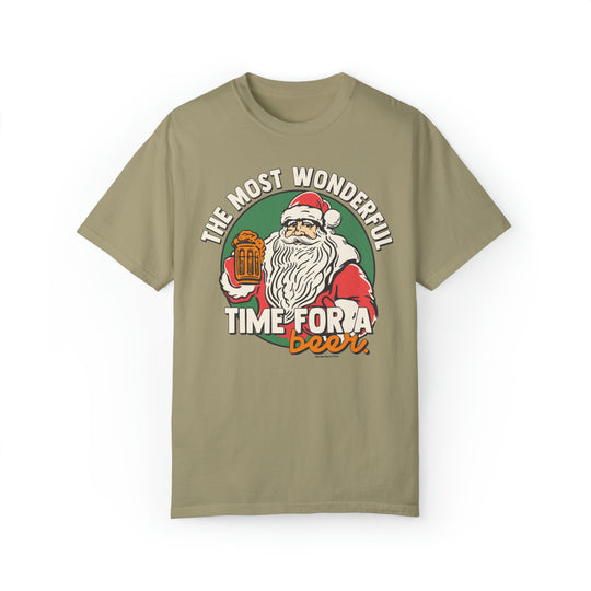 A festive t-shirt featuring Santa Claus holding a beer, embodying the playful spirit of the Most Wonderful Time for a Beer Tee from Worlds Worst Tees. Unisex, garment-dyed sweatshirt with 80% ring-spun cotton and 20% polyester.