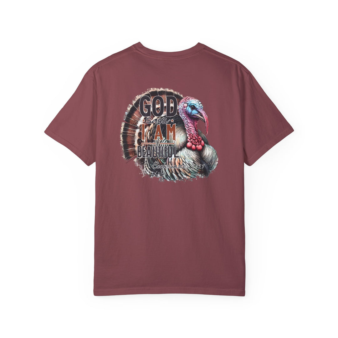 A ring-spun cotton t-shirt featuring a turkey design, the I am Beautiful Tee from Worlds Worst Tees. Garment-dyed for extra coziness, with a relaxed fit and durable double-needle stitching. Sizes S to 3XL available.