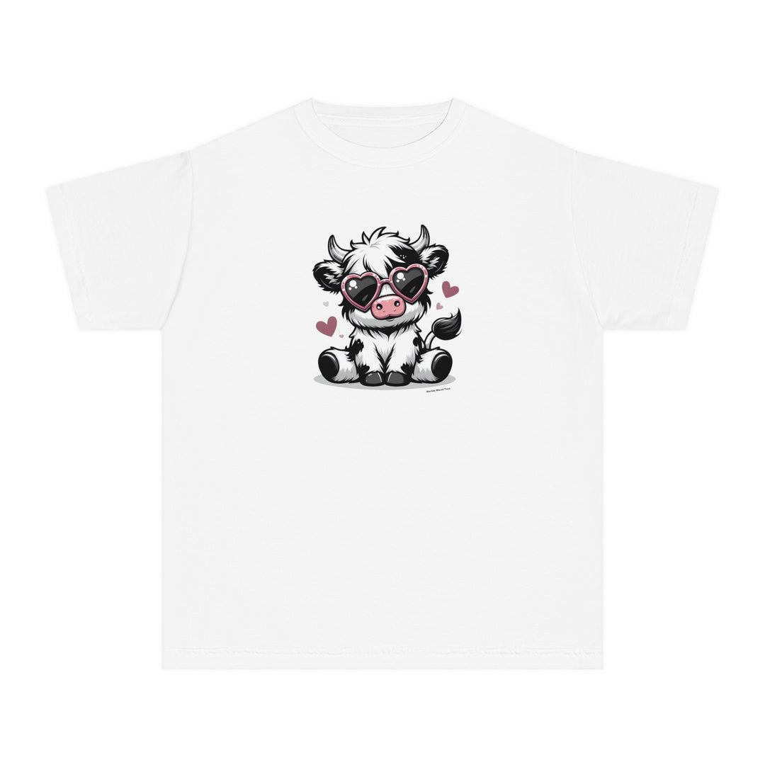 Cute Cow Kids Tee: White tee with a cartoon cow in sunglasses. Perfect for active kids, made of soft combed cotton for all-day comfort. Classic fit for play and study.