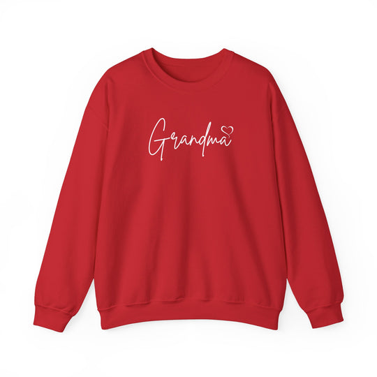 A cozy Grandma Love Crew unisex sweatshirt, featuring white text on red fabric. Medium-heavy blend, ribbed knit collar, no itchy seams. Ideal for comfort in a loose fit.