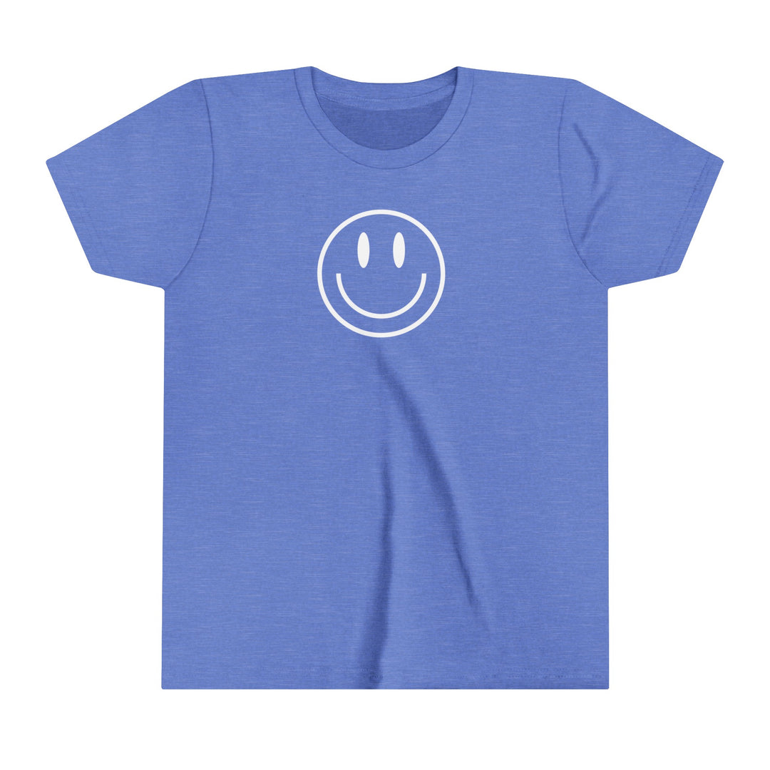 Youth short sleeve tee with smiley face graphic. Lightweight (4.0 oz) cotton shirt for kids. Side-seamed with ribbed collar and tear-away label. Customizable artwork display. From Worlds Worst Tees.