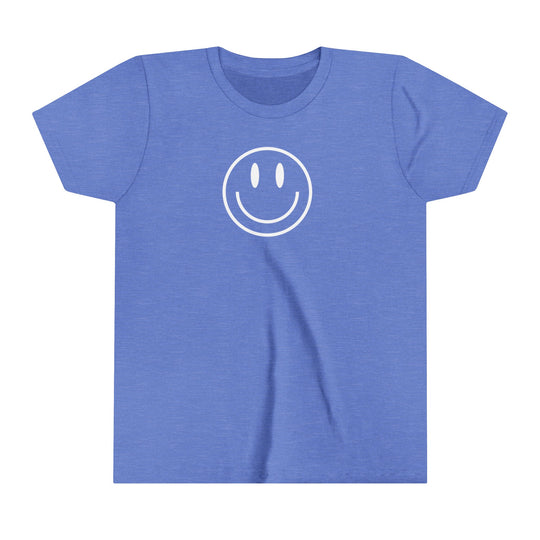 Youth short sleeve tee with smiley face graphic. Lightweight (4.0 oz) cotton shirt for kids. Side-seamed with ribbed collar and tear-away label. Customizable artwork display. From Worlds Worst Tees.