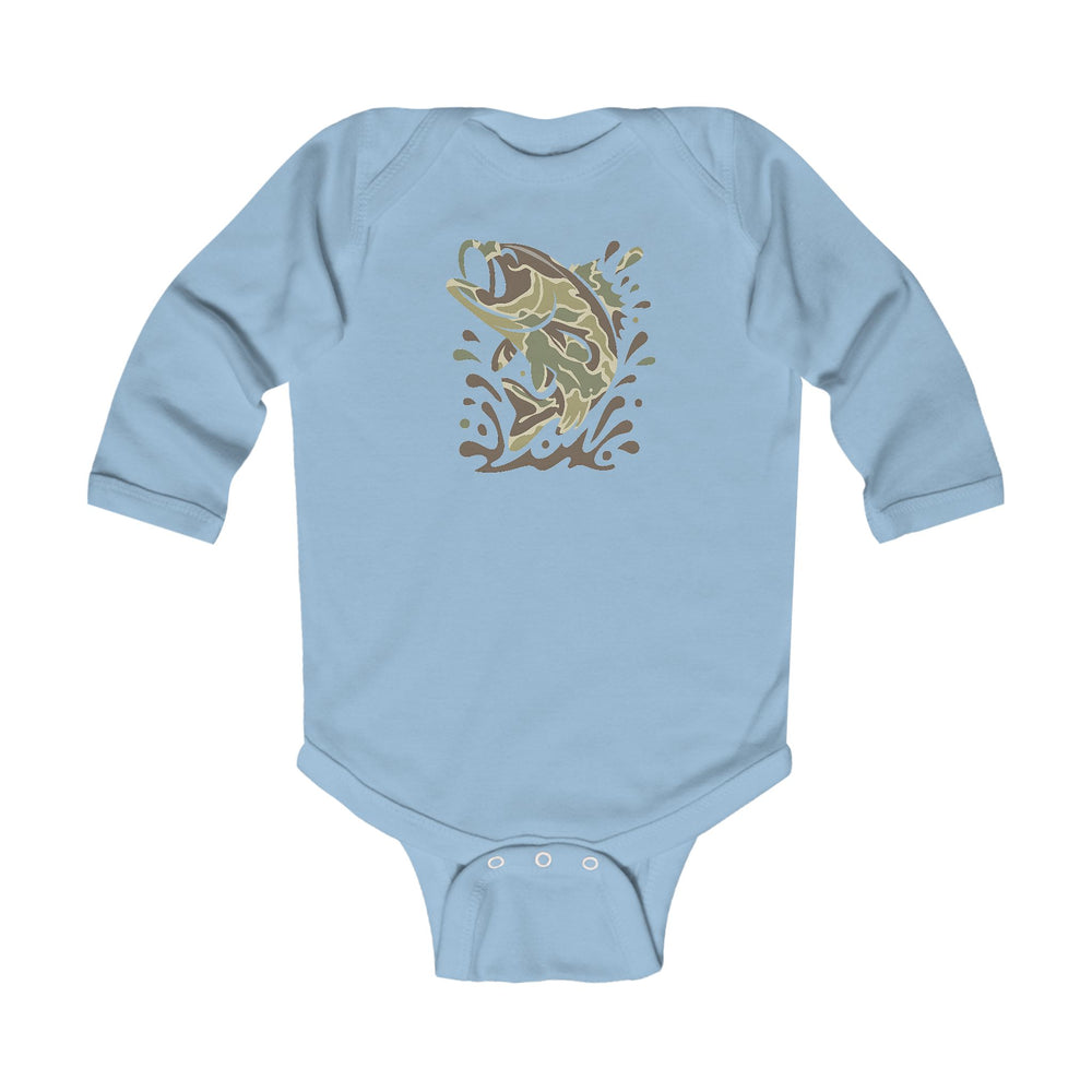 Light-blue Camo Fish Long Sleeve Onesie with stylized fish graphic and splash design, featuring ribbed knitting and snap closures for easy changing.