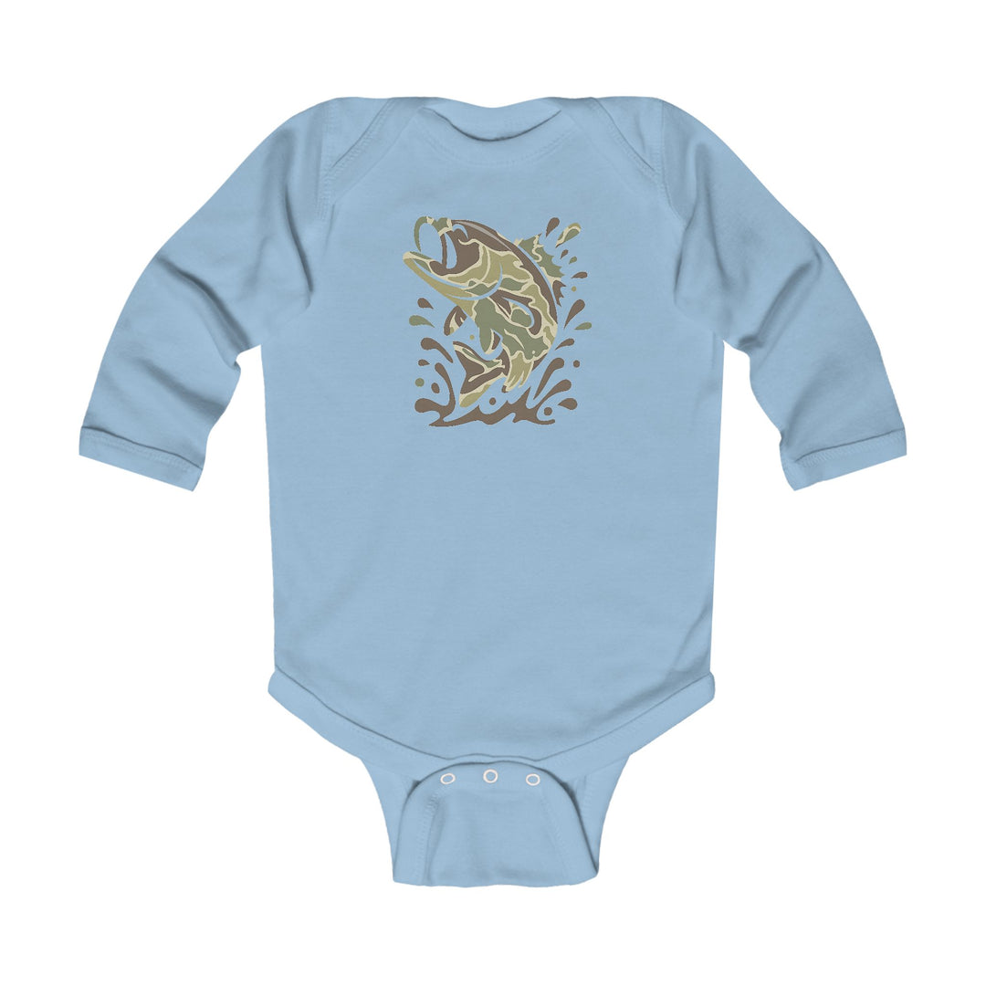 Light-blue Camo Fish Long Sleeve Onesie with stylized fish graphic and splash design, featuring ribbed knitting and snap closures for easy changing.
