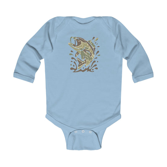 Light-blue Camo Fish Long Sleeve Onesie with stylized fish graphic and splash design, featuring ribbed knitting and snap closures for easy changing.