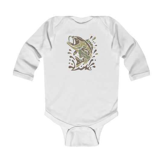 Camo Fish Long Sleeve Onesie featuring a camo-patterned fish graphic on a white long-sleeve bodysuit, designed for durability and softness with ribbed bindings and snap closures.