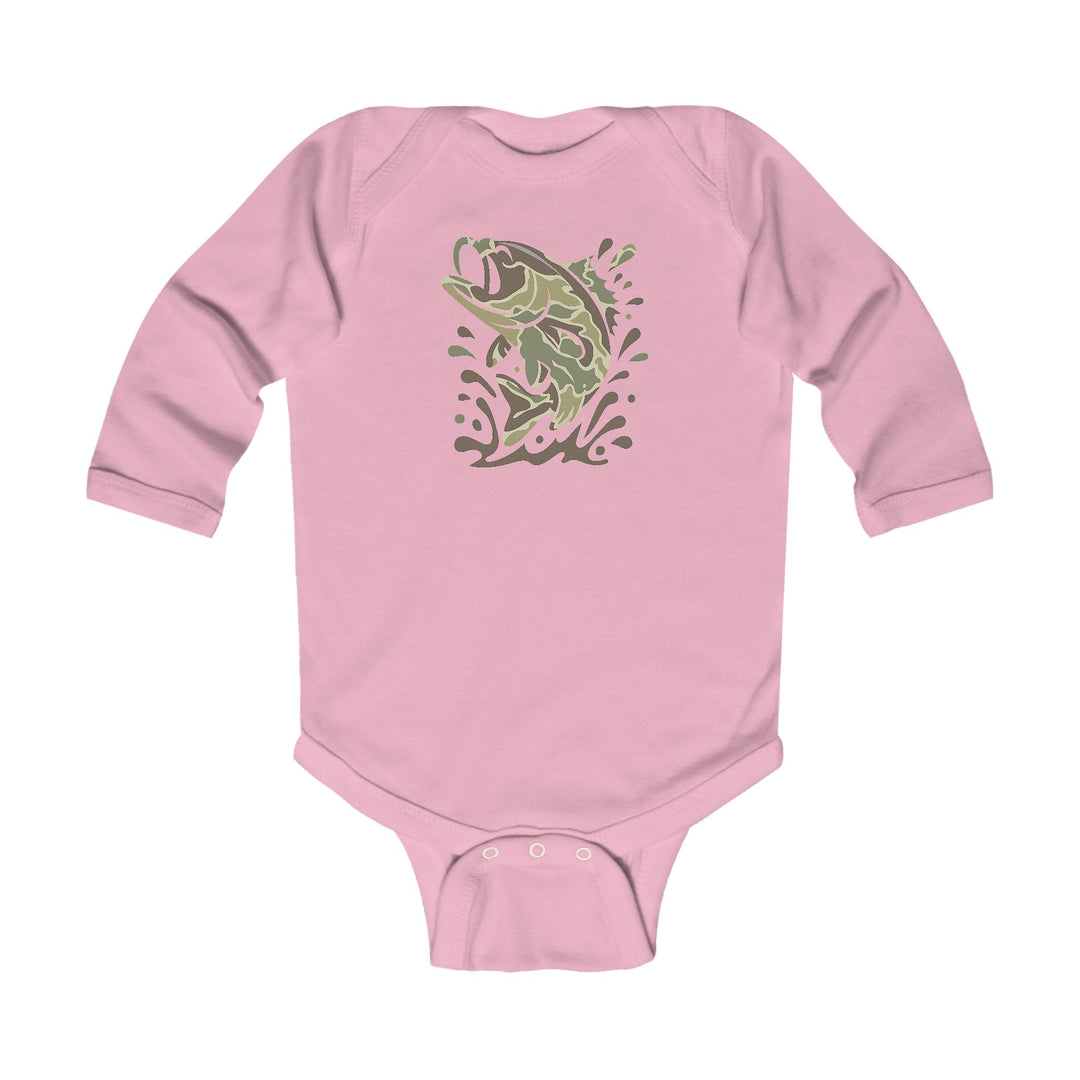 Camo Fish Long Sleeve Onesie featuring a stylized leaping fish graphic, with ribbed bindings and snap closures for durability and ease of diaper changes.