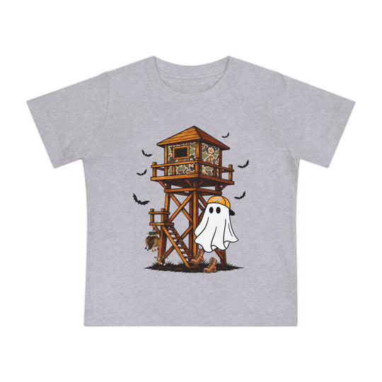 Ghost Hunter Baby Tee features a whimsical hunting-meets-Halloween design with a cartoon ghost in a cap and boots, hunting stand, bats, and fallen leaves.