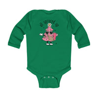 A baby bodysuit featuring a cartoon Christmas tree design, ideal for infants. Made of soft, durable fabric with plastic snaps for easy changing. From Worlds Worst Tees, the All Spruced up Onesie.