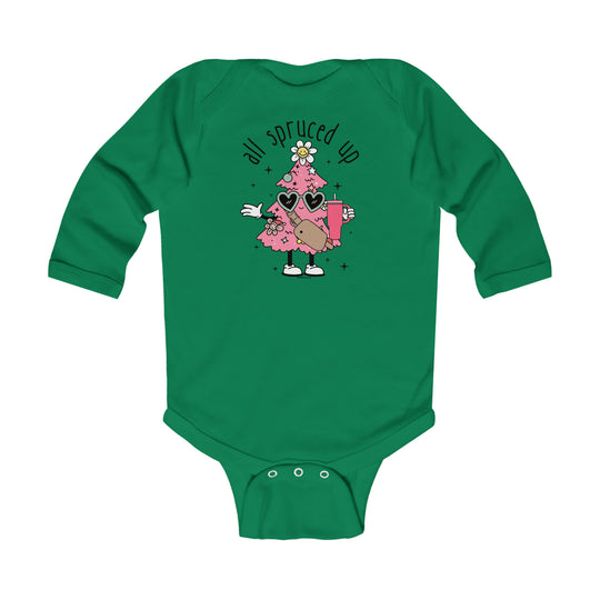 A baby bodysuit featuring a cartoon Christmas tree design, ideal for infants. Made of soft, durable fabric with plastic snaps for easy changing. From Worlds Worst Tees, the All Spruced up Onesie.