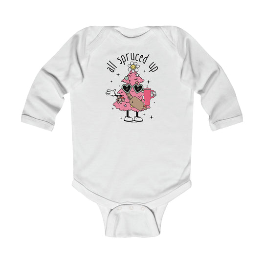Infant long sleeve bodysuit with a cartoon Christmas tree and a drink, featuring a fun design for babies. Made of 100% cotton, with ribbed knitting for durability and easy changing snaps. From 'Worlds Worst Tees'.