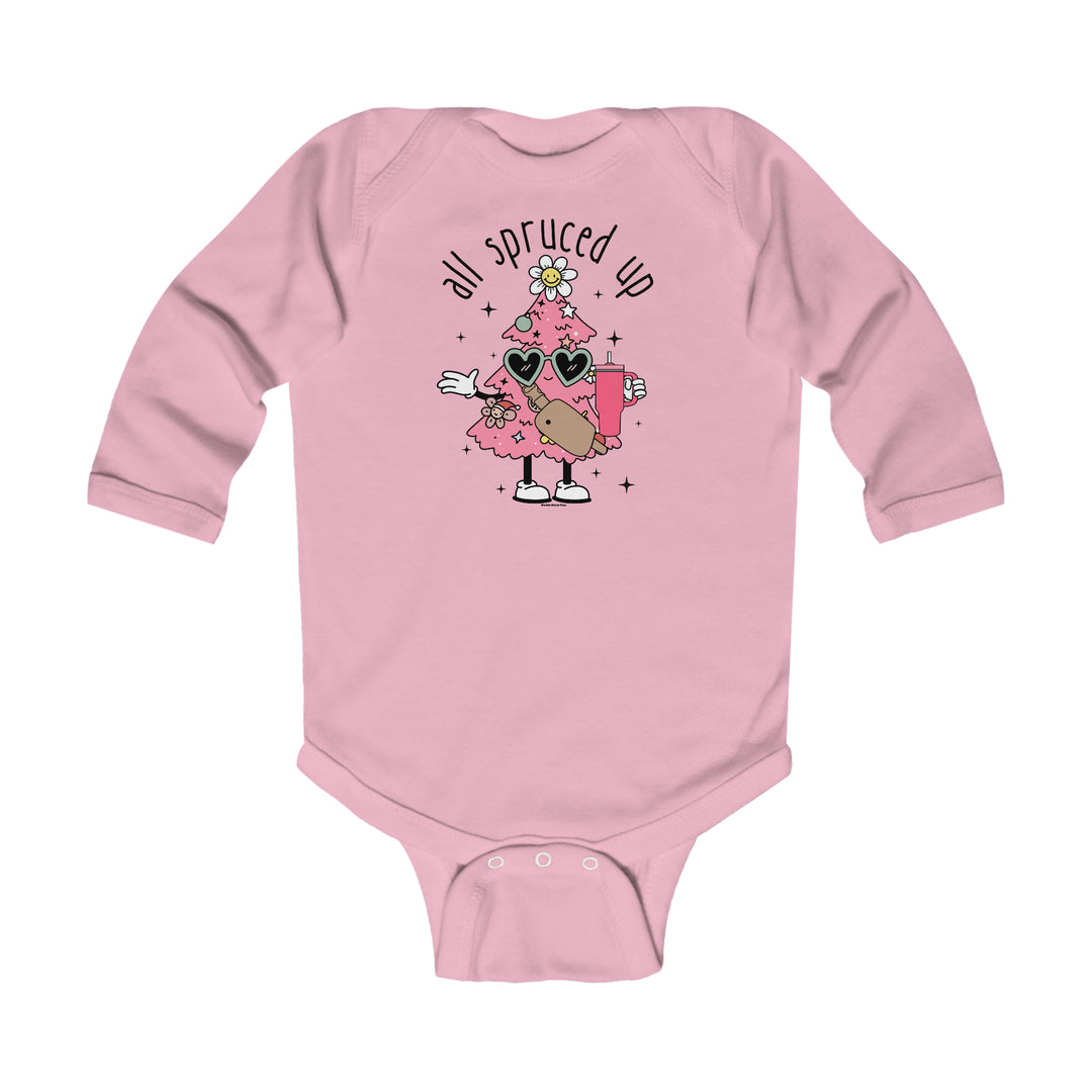 Infant long sleeve bodysuit with a cartoon character, plastic snaps for easy changing. 100% combed ring-spun cotton for durability and softness. Title: All Spruced up Onesie.