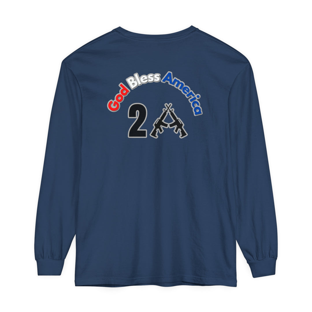 A blue long-sleeve tee with a logo and text, featuring God Bless America 2A. Made of 100% ring-spun cotton, garment-dyed, and a relaxed fit for comfort. Classic Fit, 6.1 oz/yd² fabric.
