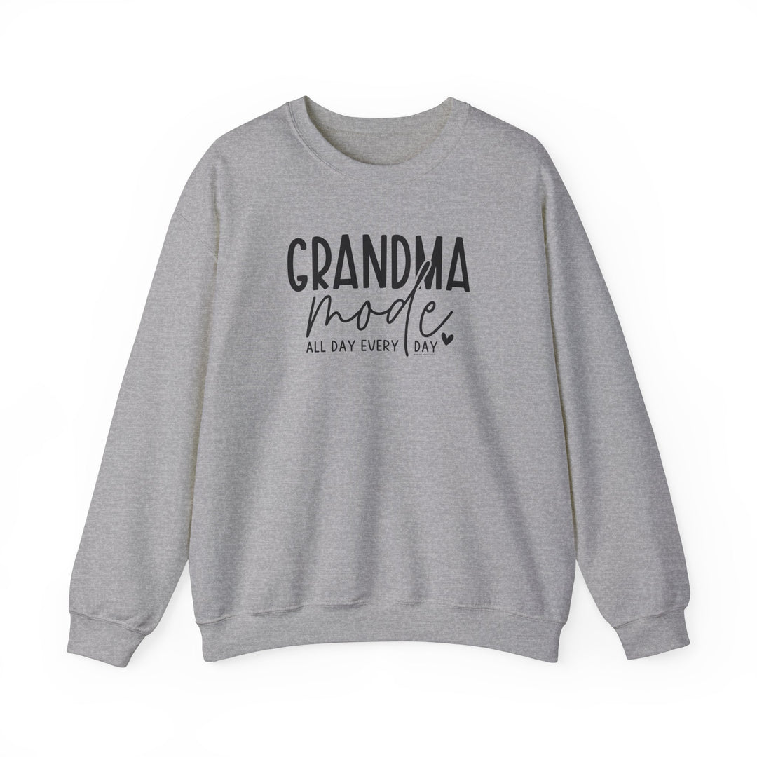 A cozy unisex Grandma Mode Crew sweatshirt in grey with black text. Made of 50% cotton, 50% polyester blend, ribbed knit collar, and no itchy side seams. Medium-heavy fabric, loose fit, true to size.