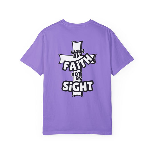 Relaxed fit Walk By Faith Not By Sight Tee, purple shirt with white text. 100% ring-spun cotton, garment-dyed for coziness. Durable double-needle stitching, no side-seams for a tubular shape.