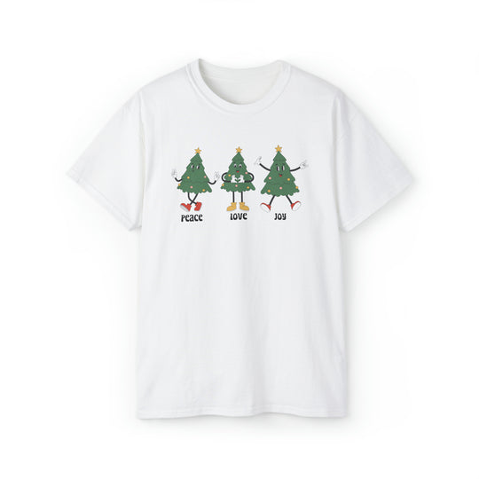 A white t-shirt featuring cartoon Christmas trees, embodying peace, love, and joy. Unisex ultra cotton tee with quality construction, ribbed collar, and tear-away label for comfort. Sustainable, versatile, and stylish for all occasions.