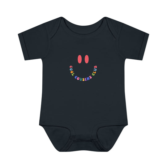 Infant Cool Cousins Club onesie, showcasing a unisex fit with lap shoulders, made from soft, ring-spun cotton, ideal for comfort and easy dressing.