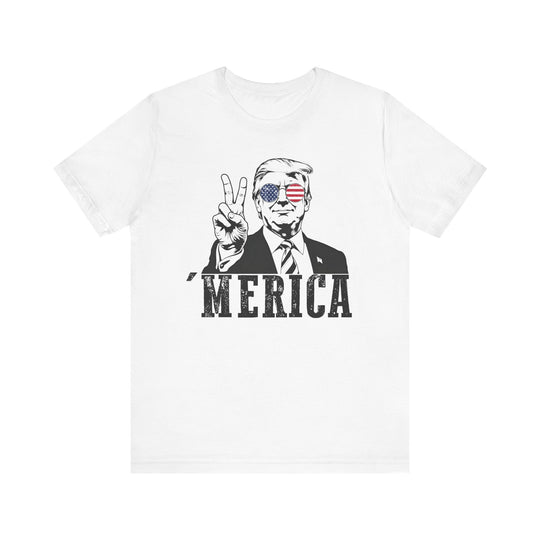 Trump 'Merica Tee showcasing a classic unisex fit with ribbed knit collar, tapered shoulders, and durable side seams, crafted from soft cotton for comfort.