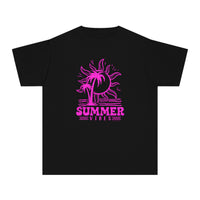 A black kids' tee with pink summer vibes design. 100% combed ringspun cotton for comfort and agility. Soft-washed, garment-dyed, and classic fit for all-day wear. Ideal for active kids.