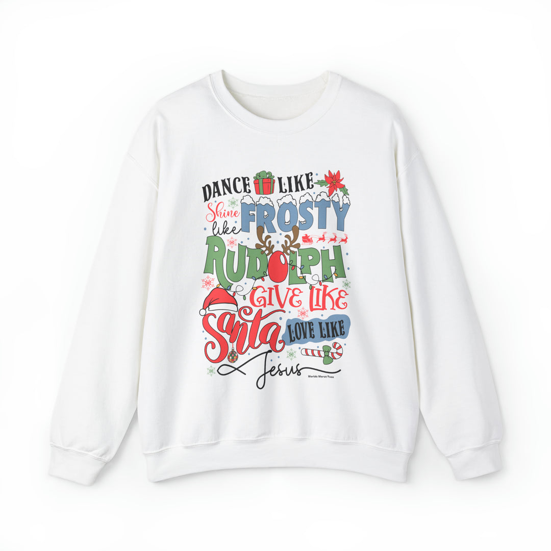 Unisex Frosty Rudolph Santa Jesus Crew sweatshirt, a cozy blend of cotton and polyester. Ribbed knit collar, loose fit, no itchy seams. Sizes S-5XL. Ideal comfort for any occasion.