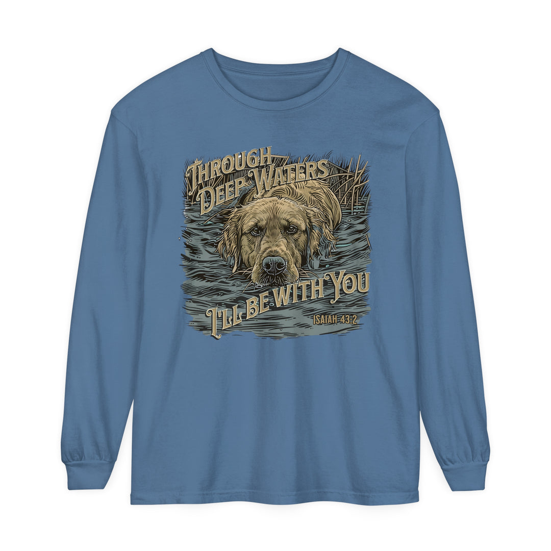 A Through Deep Waters Long Sleeve T-Shirt featuring a blue shirt with a dog design. Made of 100% ring-spun cotton, garment-dyed fabric, and a relaxed fit for ultimate comfort. Ideal for casual wear.