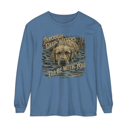 A Through Deep Waters Long Sleeve T-Shirt featuring a blue shirt with a dog design. Made of 100% ring-spun cotton, garment-dyed fabric, and a relaxed fit for ultimate comfort. Ideal for casual wear.