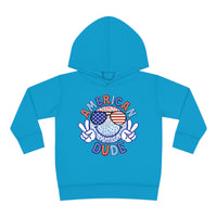 American Dude Toddler Hoodie featuring a cartoon character with a peace sign, sunglasses, and a smiley face design. Made of 60% cotton, 40% polyester for cozy durability. Designed with side seam pockets for added functionality.