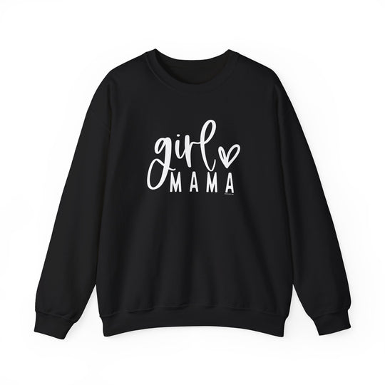 A black sweatshirt with white text, ideal for any situation. Unisex heavy blend crewneck sweatshirt made of 50% cotton, 50% polyester, with ribbed knit collar and no itchy side seams. Girl Mama Crew.