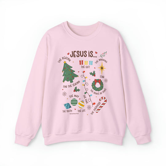 Unisex Jesus is Christmas Crew sweatshirt, featuring a pink design with Christmas symbols. Polyester-cotton blend, ribbed knit collar, no itchy seams. Sizes S-5XL. From Worlds Worst Tees.